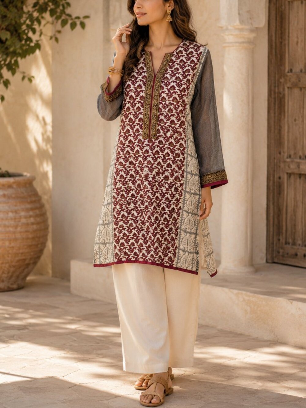 Sana Safinaz Embroidered Pakistani Kurta Cotton Tunic Burgundy Small